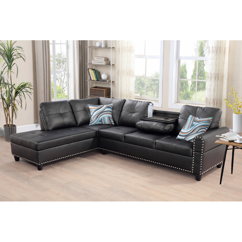 Louvenia Upholstered L-Shaped Sectional, Black Faux Leather, Left Hand Facing