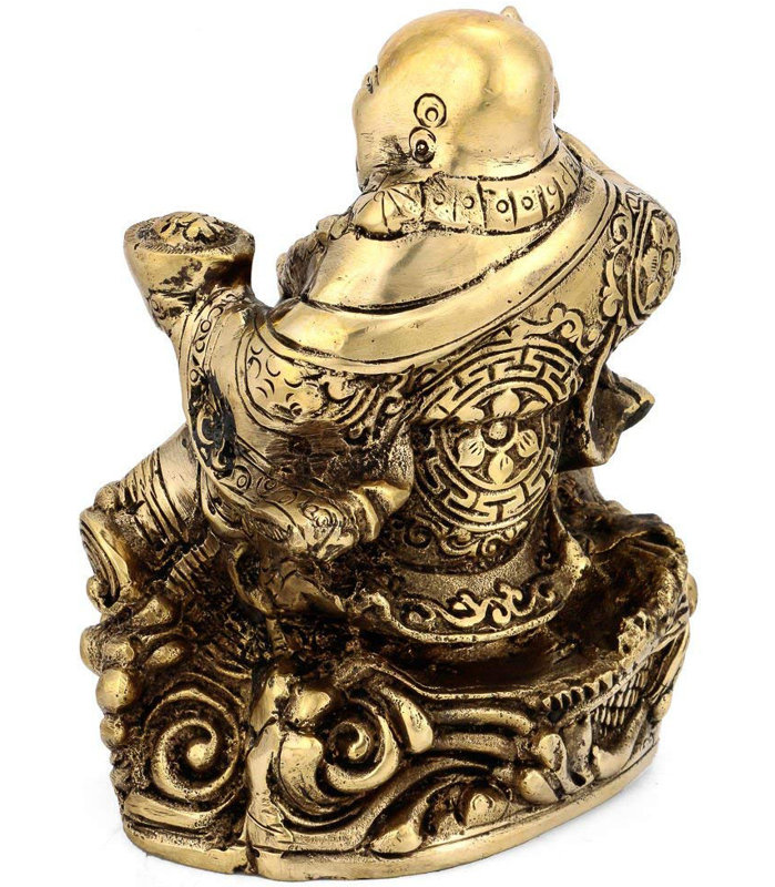 Handcrafted Brass Laughing Buddha Statue, 7 in. Seated Budai with Wealth Symbols, Traditional Asian Decor for Living Room & Office
