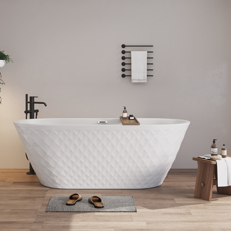 67'' Acrylic Freestanding Bathtub With Unique Diamond Pattern Design: Spacious Oval Shape, Gloss White Finish, Chrome Overflow And Pop-up Drain Cupc Certificate