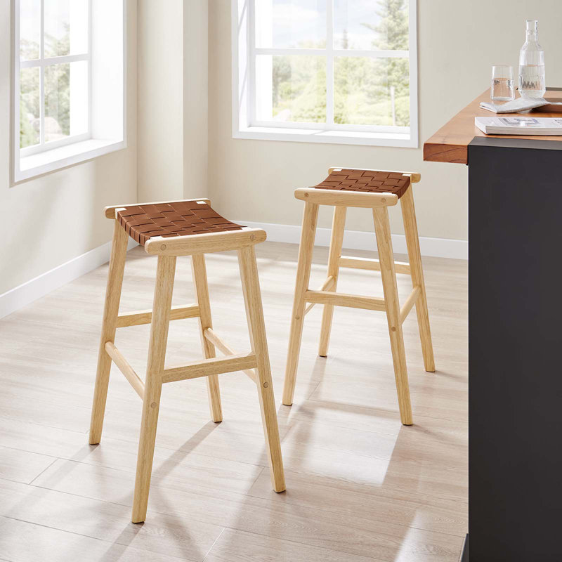 Modway Saoirse Counter/Bar Stools, Bar Stool (29.5” Seat Height), Brown Leather/Natural Frame