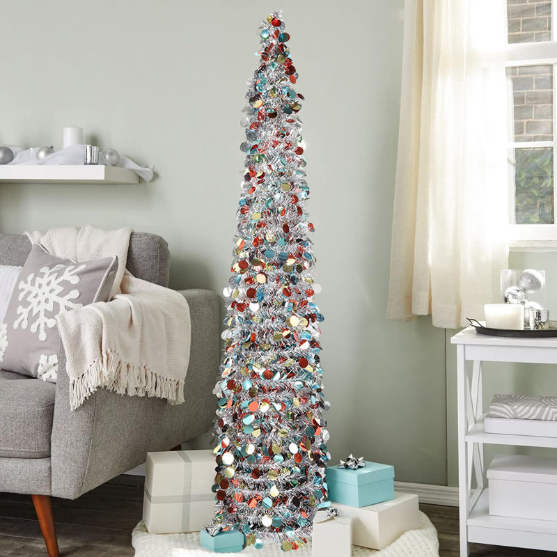 Arbre de Noël artificiel de 5 pi, arbre de Noël Tinsel argenté coloré, décoration de Noël pliable pour le bureau à domicile, assemblage et rangement faciles