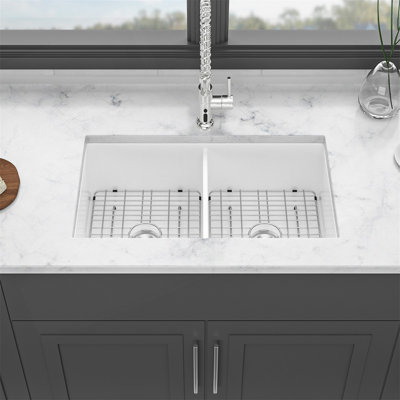 32-Inch Undermount Double Bowl Ceramic Kitchen Sink With Dual Mount Design And Deep Basin For Efficient Cleaning.