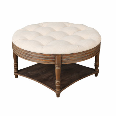Round Ottoman, Small Upholstered Coffee Table, Button Tufted Ottoman With Wooden Shelf, Indoor Small Ottoman