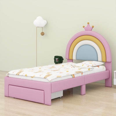 Cute Rainbow Upholstered Platform Bed with Storage Drawer
