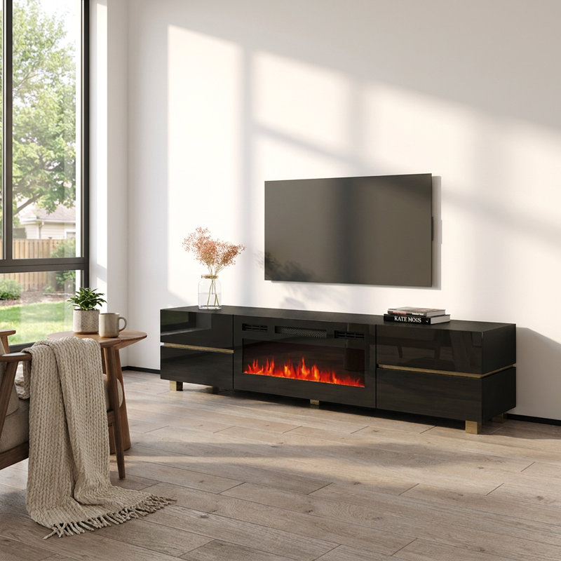 Kylene 70.9" Modern TV Stand with Electric Fireplace, High Gloss Finish, Media Storage, Black