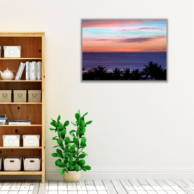 Sea By Palm Tree At Dusk - Canvas Print Wall Art