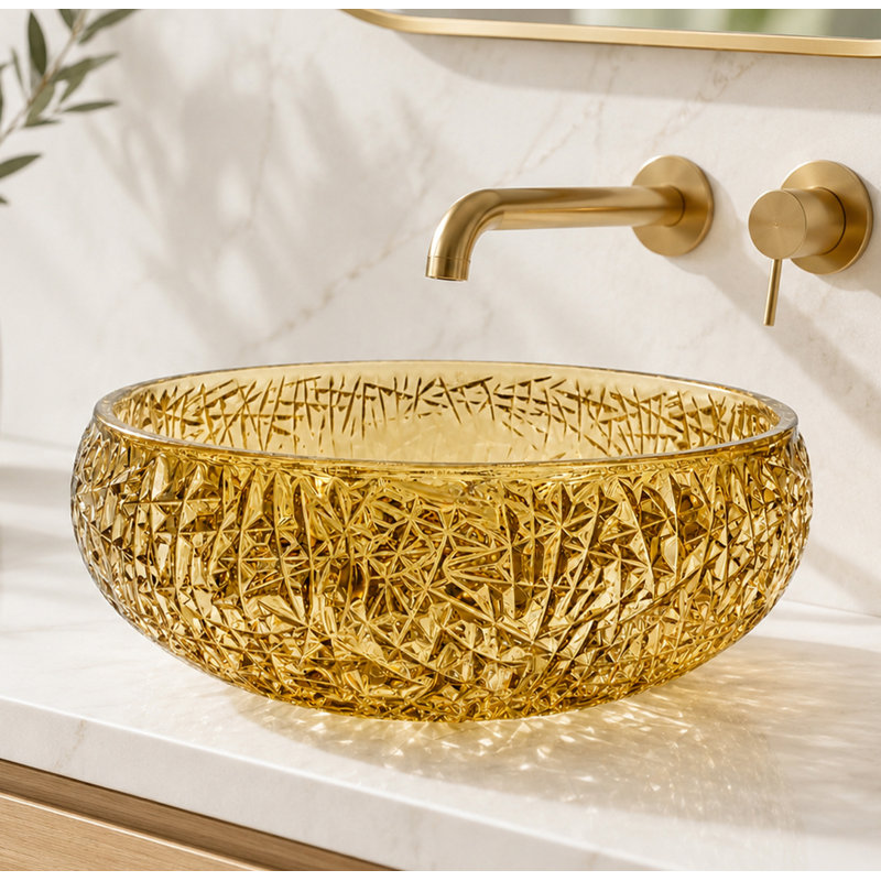 Moonshell 17" Tempered Glass Circular Vessel Bathroom Sink - Clearview Collection, Champagne
