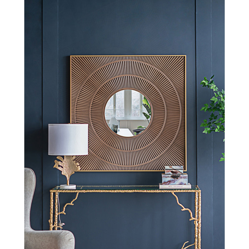 Square Carved Mirror With Pleated Design, Neutral Colorway Wall Decor, Gold/Brown