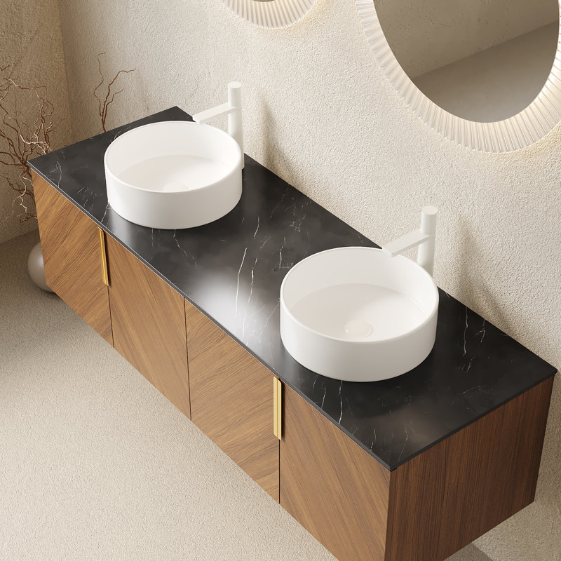 Meuble-lavabo flottant avec lavabo vasque, Rond, 60", Céramique blanche