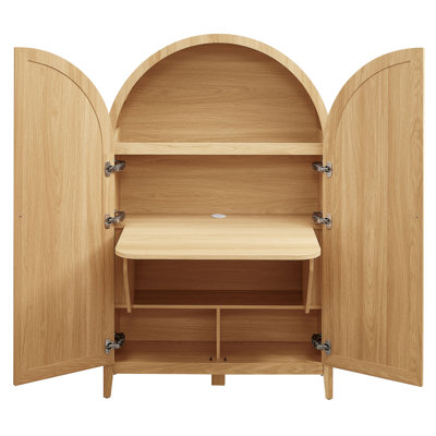 Calista 63 Inch Arched Storage Cabinet With Folding Desk In Oak