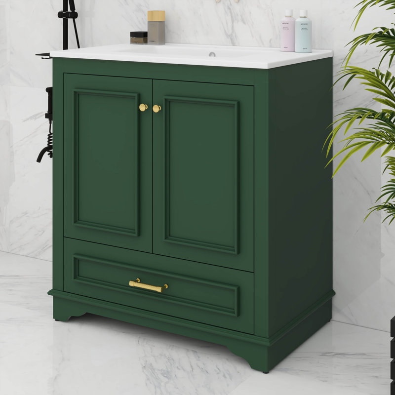 Meuble-lavabo autoportant avec lavabo, 2 grandes portes à fermeture douce, tiroir, Vert