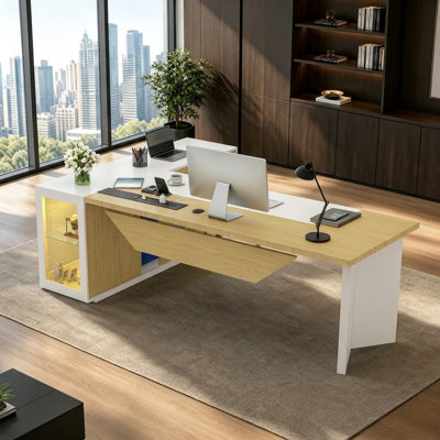 Bureau de direction en L avec prises de courant, tiroirs, armoire éclairée, bureau moderne avec tablettes ouvertes, bureau d'ordinateur