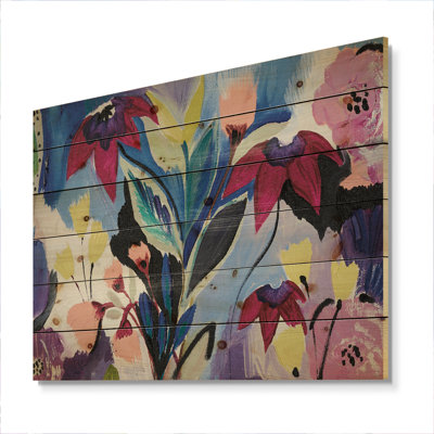 Composition de fleurs bleues et mauves II - impression florale sur bois de pin naturel