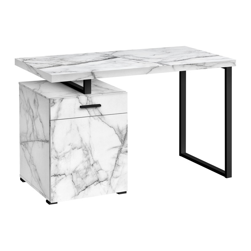 Bureau d'ordinateur, bureau personnel, ordinateur portable, installation à gauche, à droite, tiroirs de rangement, bureau, stratifié aspect marbre, métal, contemporain, moderne