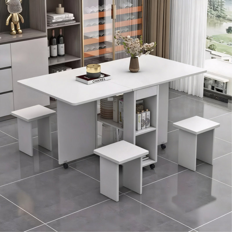 Table de salle à manger pliante à abattants pour 4 personnes avec 4 chaises, table de salle à manger pliable et compacte avec rangement et 6 roulettes, P 47,2 po x l 23,6 po x H 30,3 po