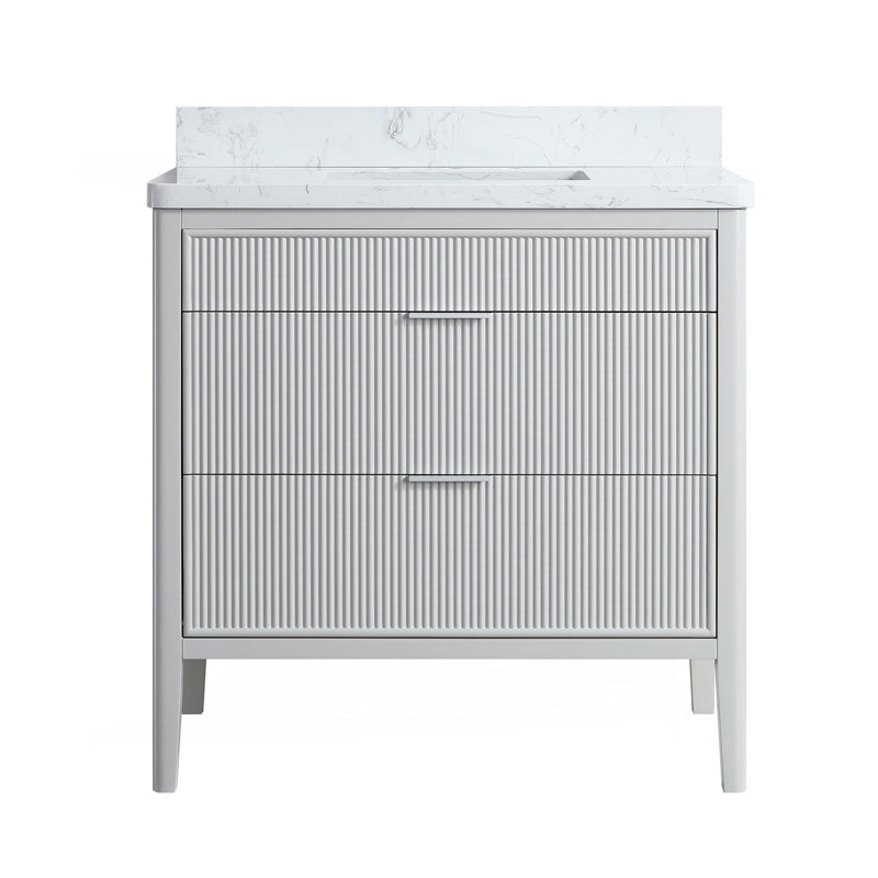 Ensemble de meuble-lavabo sur pied autoportant de 36 po avec 2 ensembles de poignées et plateau en marbre d'ingénierie entièrement assemblé