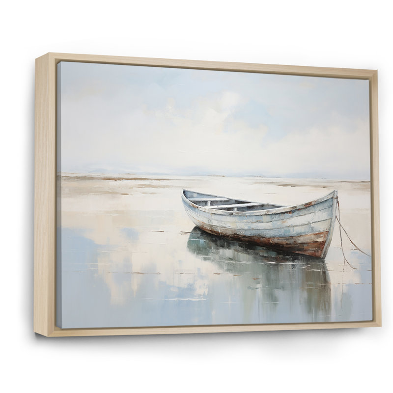 Bleu et blanc, petit bateau au bord du lac I - impression sur toile, H 24 po x l 32 po x P 1 po, Cadre flottant naturel