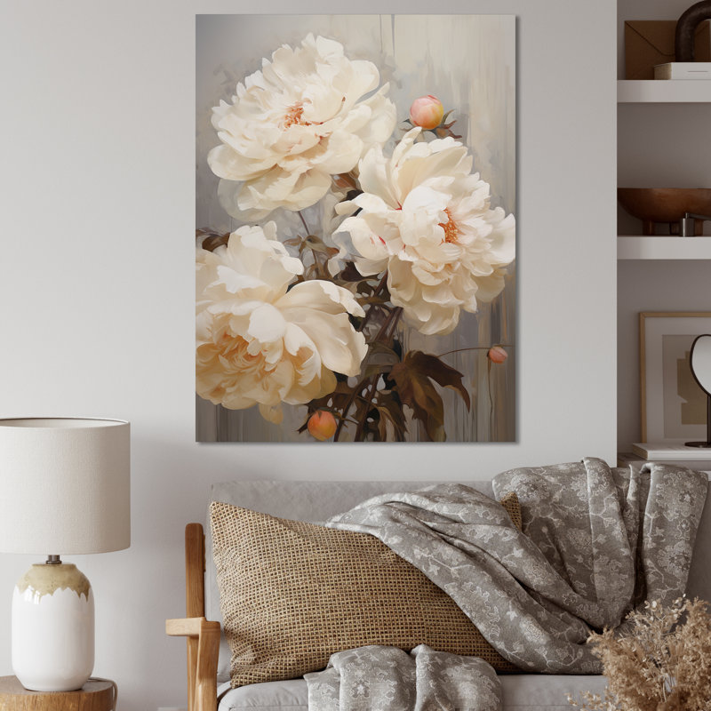 Pivoine parfumée beige IV sur toile, Toile tendue, H 32 po x l 24 po x P 1 po