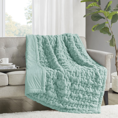 Aqua Ruched Fur Throw 50x60"