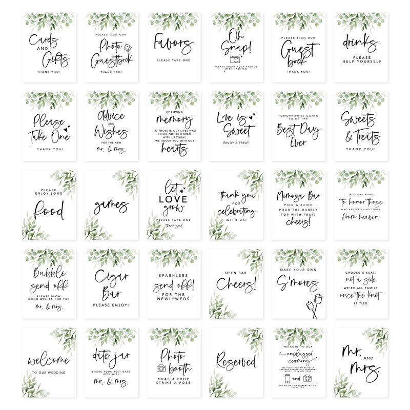 Ensemble de signes de mariage en forme de feuilles d'eucalyptus pour la cérémonie, signalétique de décor de réception, 8,5 x 11 po, paquet de 30