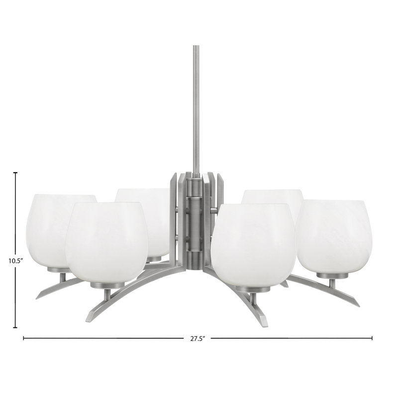 Lustre à 6 lumières Kurve illustré en finition graphite avec verre de marbre blanc de 6 po