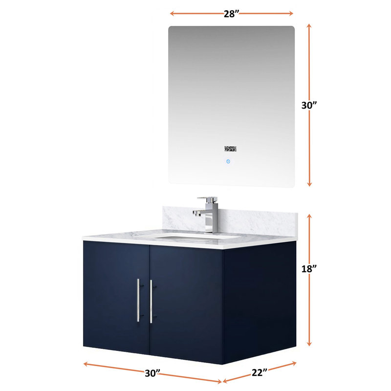 30 po L x P 22 po. Meuble-lavabo bleu avec comptoir en marbre, robinet inclus, miroir à DEL