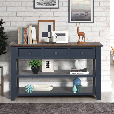 Console en bois de pin massif 48 po, table d'appoint moderne avec 3 tiroirs de rangement et 2 tablettes. Facile à assembler (bleu marine + plateau brun)