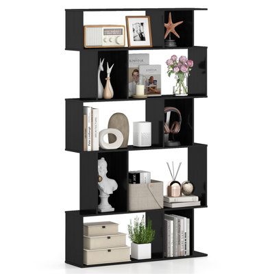 5-Tier Geometric Bookshelf with Open & Closed-Back Cubes, Engineered Wood Storage Shelf for Living Room, Bedroom, or Office, Black