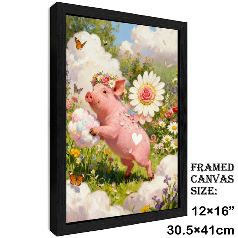 Reproduction d'art encadré noir, nuages de rêve rétro, cochon rose, style rétro, H 17 po x l 13 po