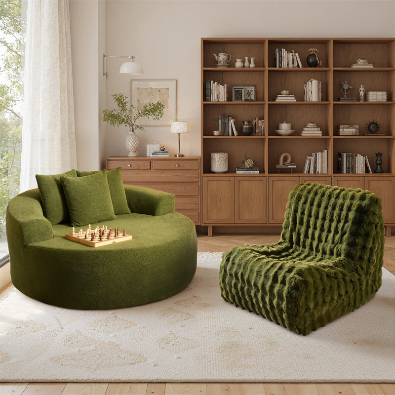2-Piece 58.3" Wide Oversized Round Chaise And Armless Bean Bag Chair Set, Plush Lounge Seating, No Assembly Required, Green