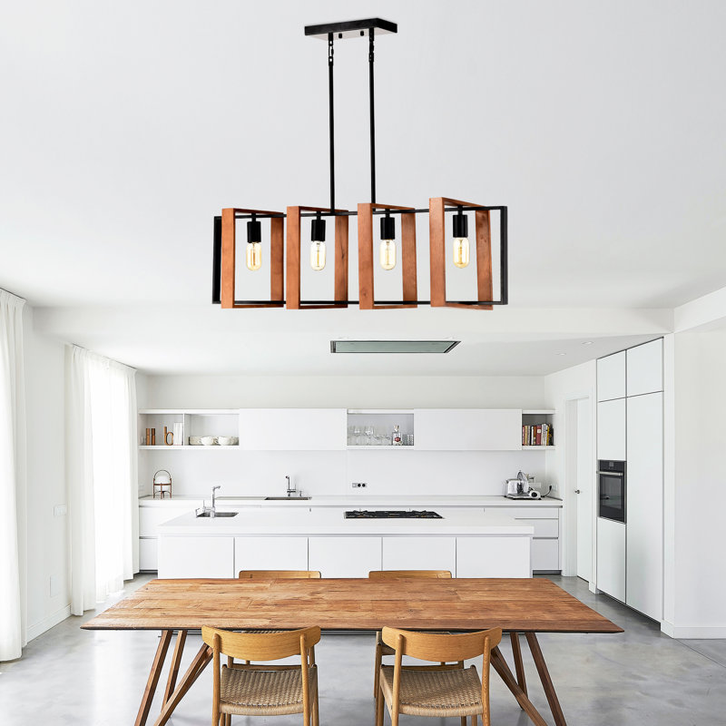 Modern Style 4- Kitchen Island Lights, Rustic Wood And Black Metal With Adjustable Rods For Dining Room, Living Conference Home Office & Rectangular Large