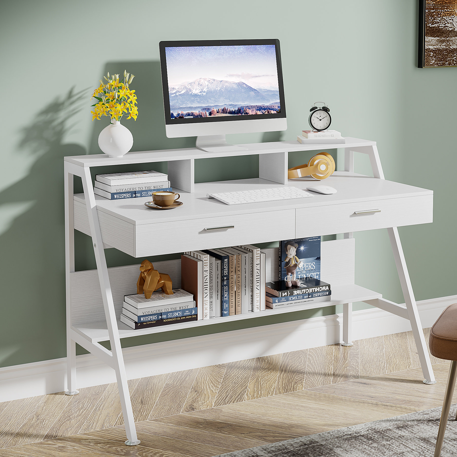Inbox Zero Kravitz Small Writing Desk with Drawers, Computer Desk with Metal Base, White Desk