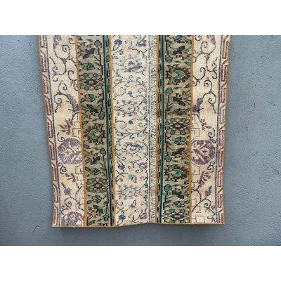 Tapis rétro en laine beige, motif floral 1,3 x 1,7 pi