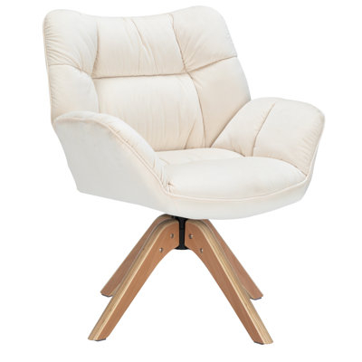 Mid Century Accent Chair, Fabric Desk Chair, Modern Cozy Vanity Chair No Wheelwith Wood Legs, Upholstered Single Boucle Armchair For Living Room Bedroom Office Guest Room Dining Room (beige)
