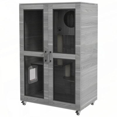 Maison pour chat de luxe avec roulettes PawHut, cage pour chat Catio