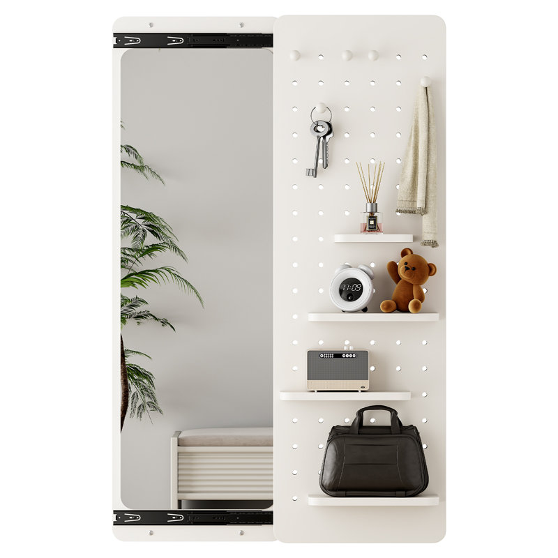 Miroir pleine grandeur suspendu en bois d'hévéa avec tablette et crochet, panneau coulissant à poussoir, configuration réglable, miroir HD antidéflagrant, entrée, miroir de rangement pour chambre à coucher
