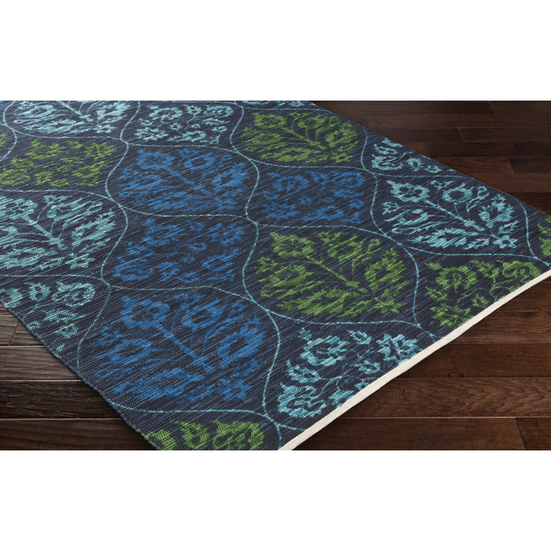 Tapis bleu / vert en coton tissé à la main Adit, Rectangle 8 pi x 11 pi