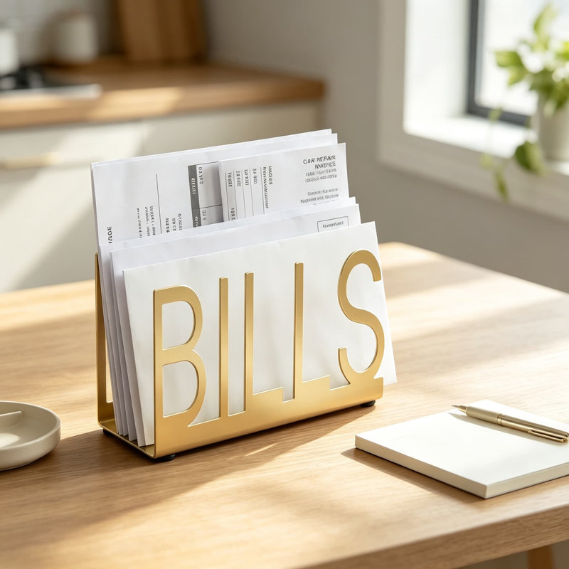 Organisateur de courrier en métal doré avec lettres découpées - Porte-lettres moderne pour le courrier, les factures, les documents et l'organisation de bureau