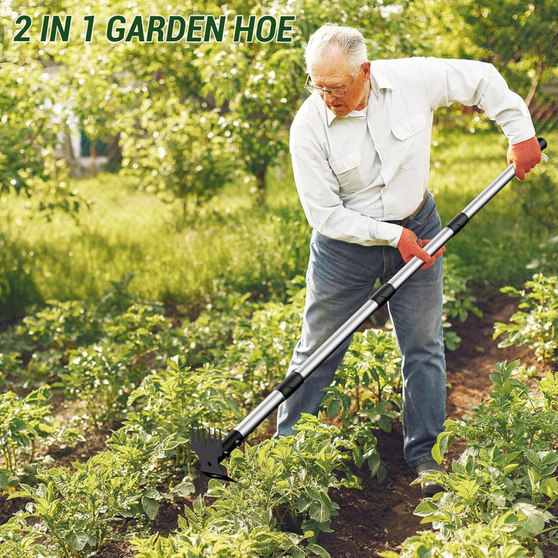 2-in-1 Adjustable Garden Hoe & Weed Puller Tool with Extendable Handle, Heavy Duty Cast Steel Weeding Rake for Lawn Patio Yard
