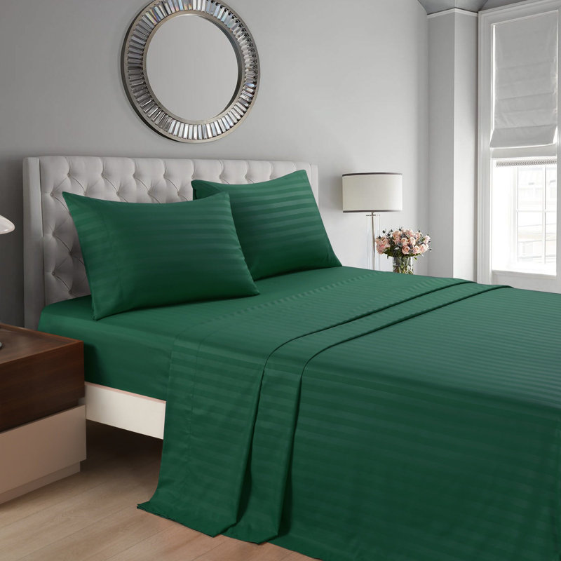 Ensemble de draps à rayures 3/4 pièces, Ensemble de draps pour grand lit avec 2 taies d'or, Vert