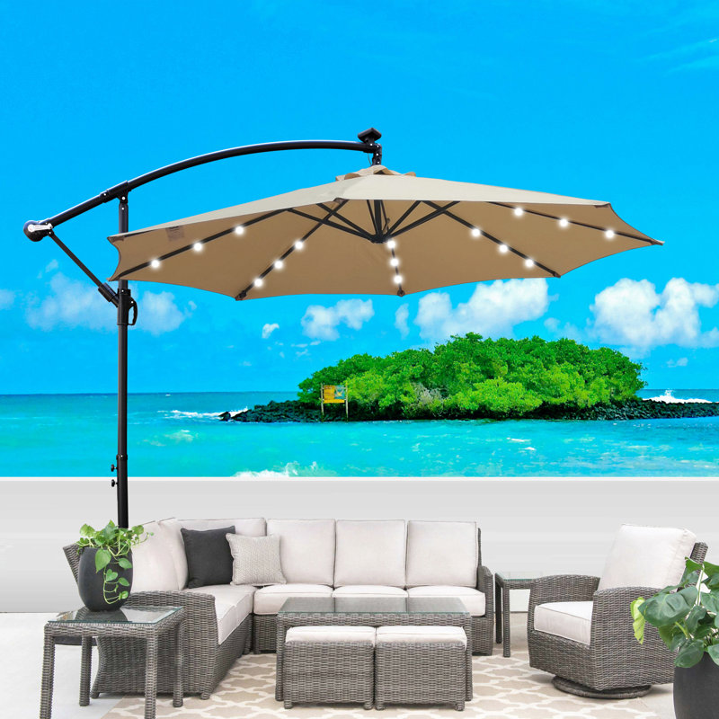 Parasol de terrasse 10 pi avec parasol solaire à DEL 8 lumières avec manivelle et base transversale, Tanné