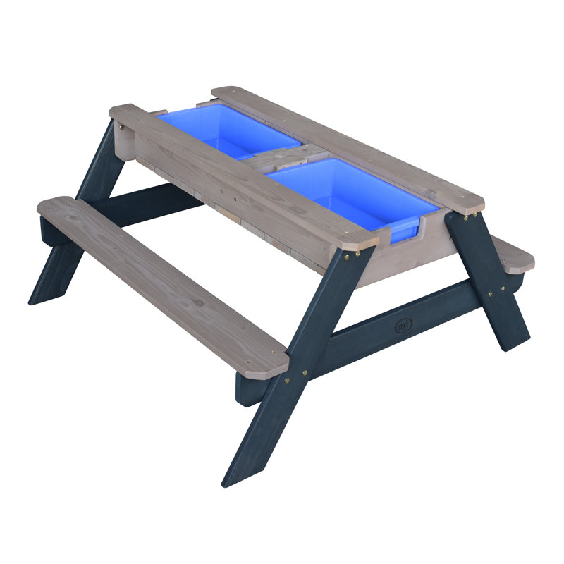 Kids 2 Piece Solid Wood Rectangular Outdoor Table Or Chair and Chair Set, Brown/Charcoal