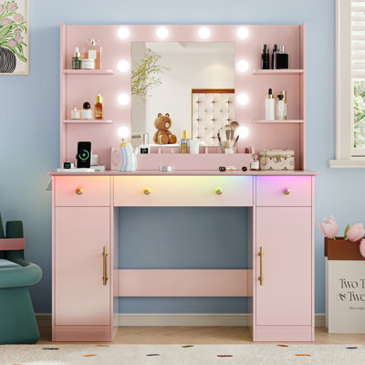 Meuble-lavabo 43,7 po de style ferme avec miroir lumineux et prise de courant, 3 tiroirs