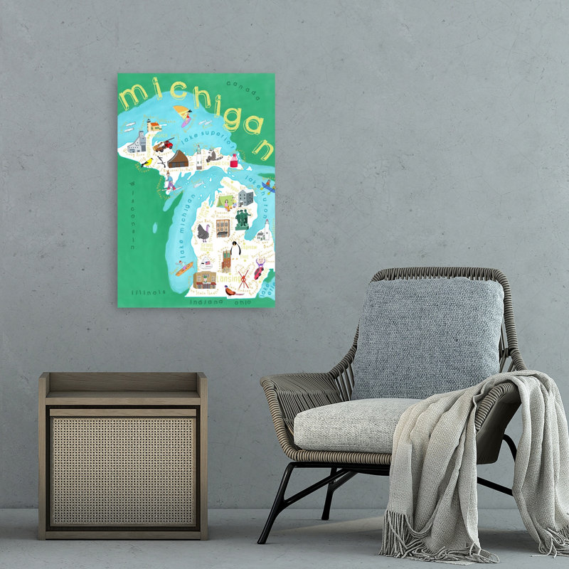 Illustrated Michigan Map Colorful Abstract Contemporary Nature City Wall Art Print 1 Piece Wrapped Canvas Wall Art