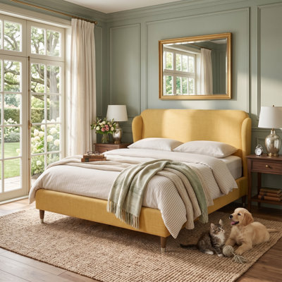Modern Farmhouse Queen Linen Upholstered Platform Bed with Wingback Headboard and Metal-Capped Wood Legs, Yellow