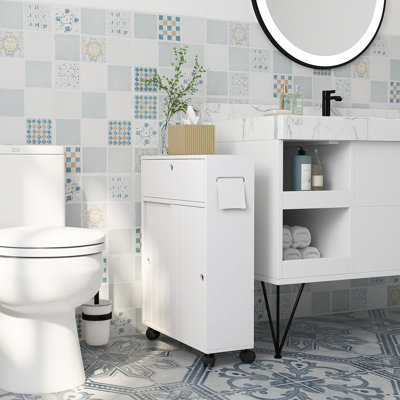 Armoire à papier hygiénique Kleankin, armoire de salle de bain mince avec 4 roulettes, petite armoire de rangement de salle de bain avec trous en papier, portes coulissantes et tablette réglable pour petit espace, blanc