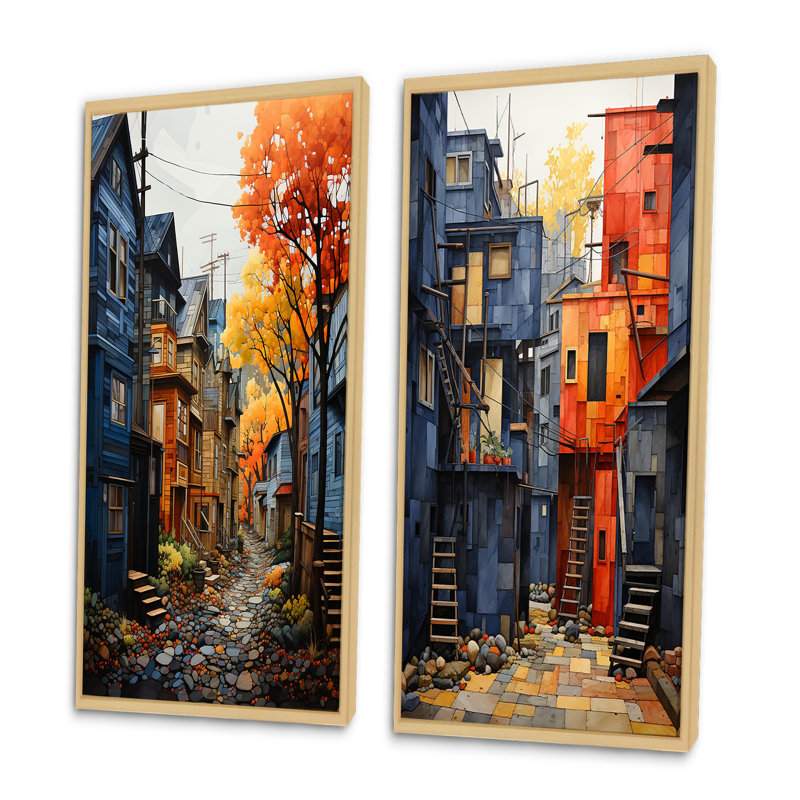 «Cityscape Alleyway Patchwork», 2 pièces sur toile, Encadrement brun, H 40 po x l 40 po