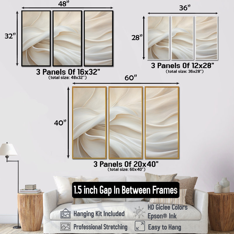 White Silk Fabric River - Fashion Canvas Wall Art Set, 40" H x 60" W, Brown Floater Framed