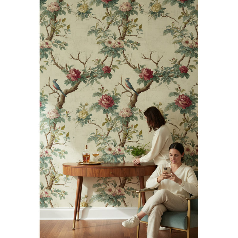 Papier peint floral, oiseau rétro