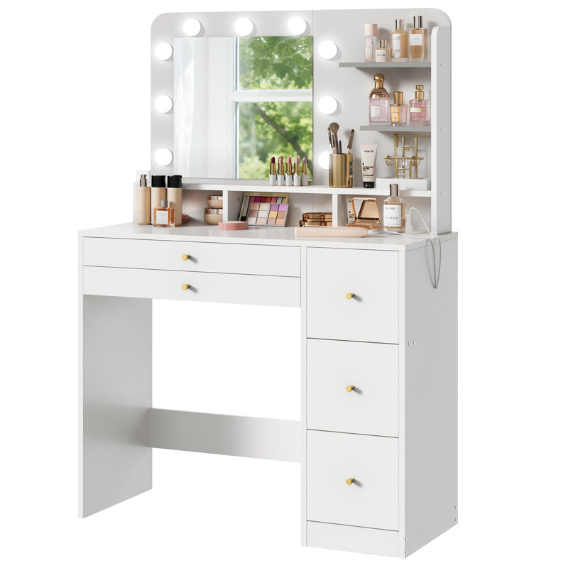 Makeup Vanity Desk 5-Drawer Dresser with Mirror and Adjustable LED Lighting